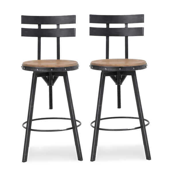 Modern Industrial Firwood Adjustable Height Swivel Barstools, Set of 2, Antique and Black Brushed Silver - NH217413