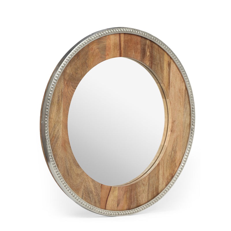 Boho Handcrafted Round Mango Wood Wall Mirror, Natural and Silver - NH684413