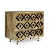 Boho Handcrafted Wood 3 Drawer Sideboard, Natural and Brass - NH671513