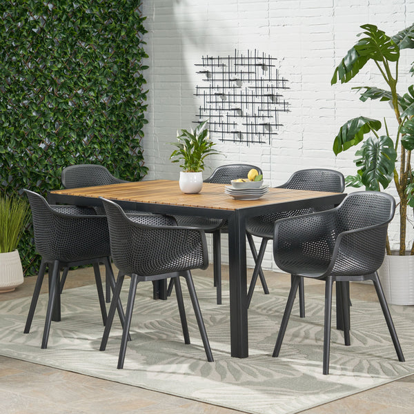 Outdoor Wood and Resin 7 Piece Dining Set, Black and Teak - NH940513