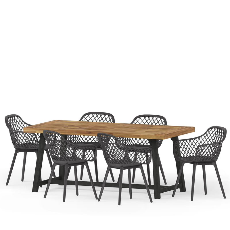 Outdoor Wood and Resin 7 Piece Dining Set, Black and Sandblasted Teak - NH140513