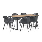 Outdoor Wood and Resin 7 Piece Dining Set, Black and Teak - NH240513