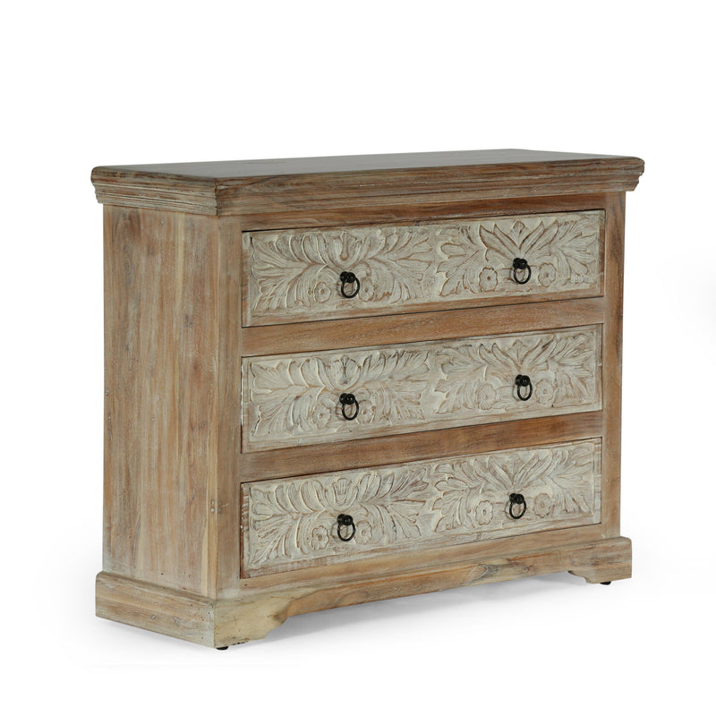 Boho Handcrafted Acacia Wood 3 Drawer Chest, Natural and White - NH715413