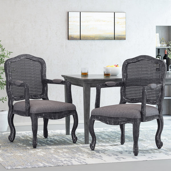 French Country Wood and Cane Upholstered Dining Armchair - NH542513