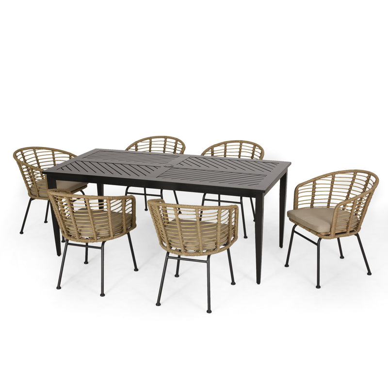 Outdoor Wicker 7 Piece Dining Set, Light Brown, Black, and Beige - NH999413