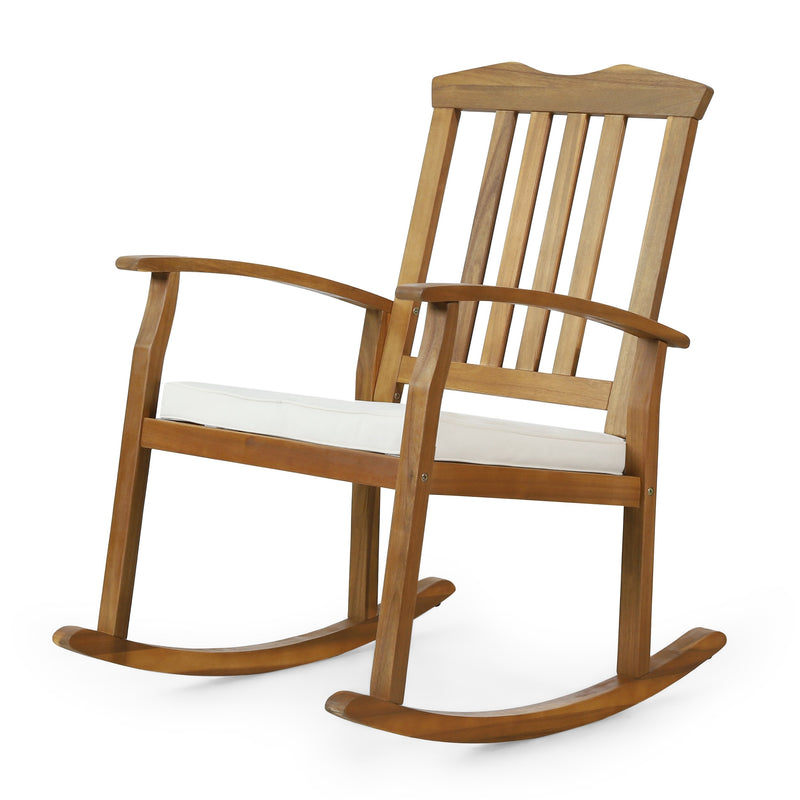 Outdoor Acacia Wood Rocking Chair with Cushion, Teak and Beige - NH536513
