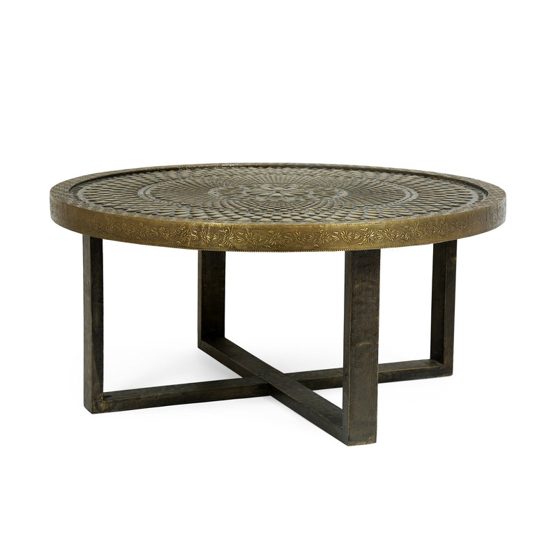 Boho Handcrafted Embossed Coffee Table, Gold - NH833413