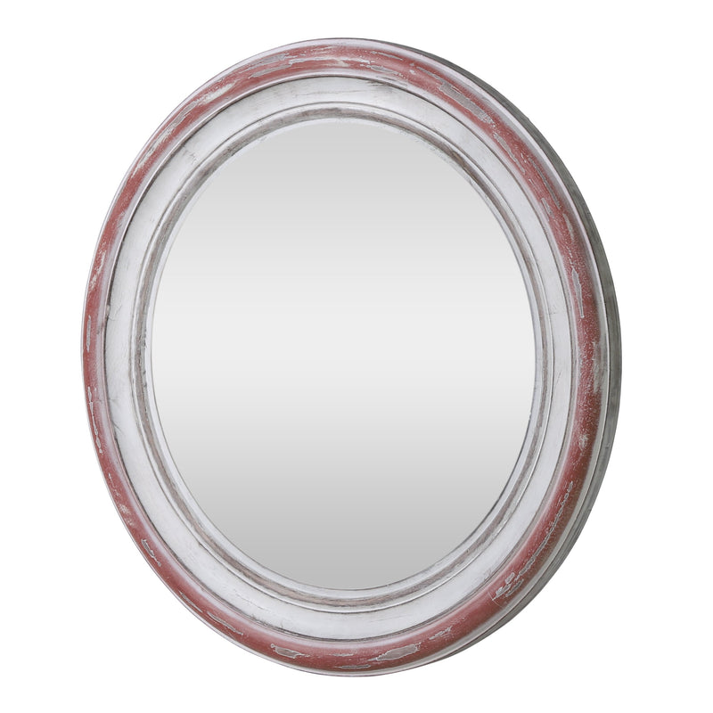 Boho Wood Round Mirror, Weathered White and Red - NH992413