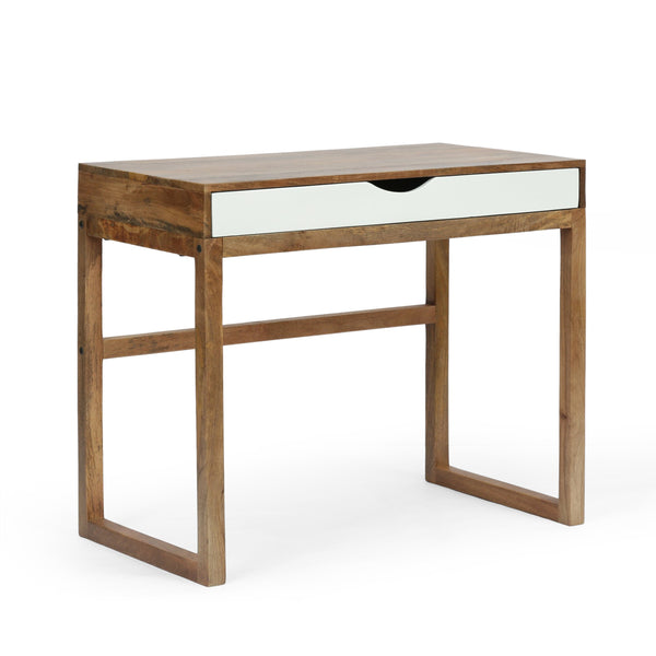 Contemporary Handcrafted Mango Wood Desk with Storage, Natural and White - NH323413