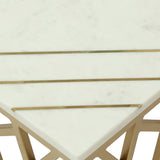 Modern Glam Handcrafted Marble Top Coffee Table with Brass Inlay, White and Gold - NH216413