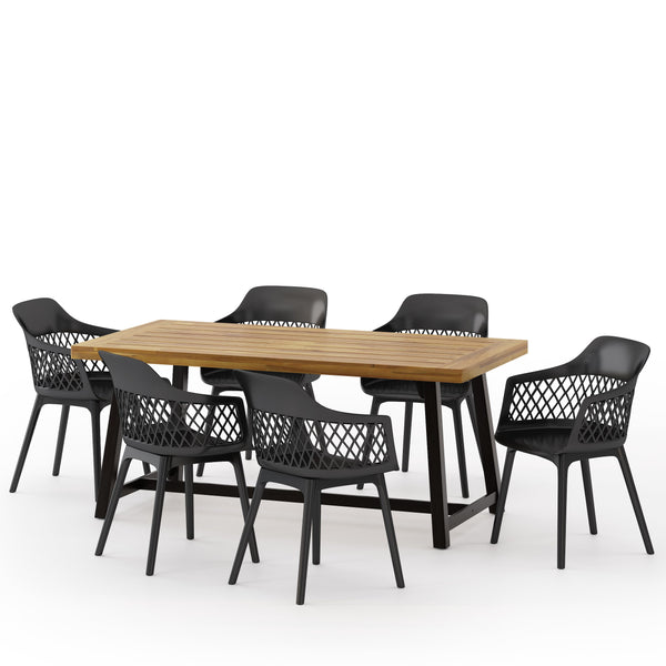 Outdoor Wood and Resin 7 Piece Dining Set, Black and Sandblasted Teak - NH040513
