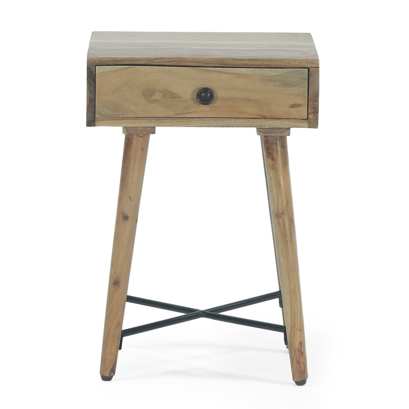 Mid-Century Modern Handcrafted Acacia Wood Side Table with Drawer, Natural - NH729413