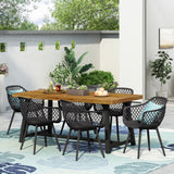 Outdoor Wood and Resin 7 Piece Dining Set, Black and Sandblasted Teak - NH140513