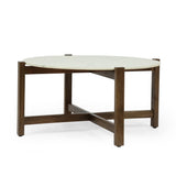 Rustic Glam Handcrafted Marble Top Mango Wood Coffee Table, White and Smoke Brown - NH437413