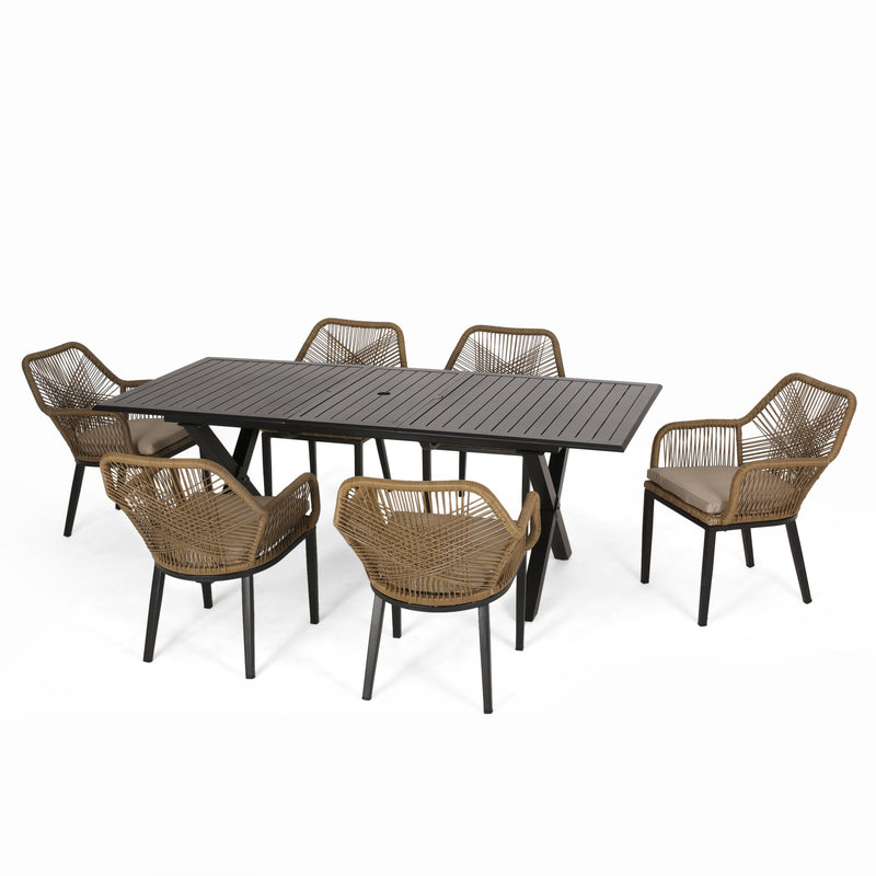 Outdoor Wicker 7 Piece Dining Set with Cushion, Matte Black, Light Brown, and Beige - NH181513