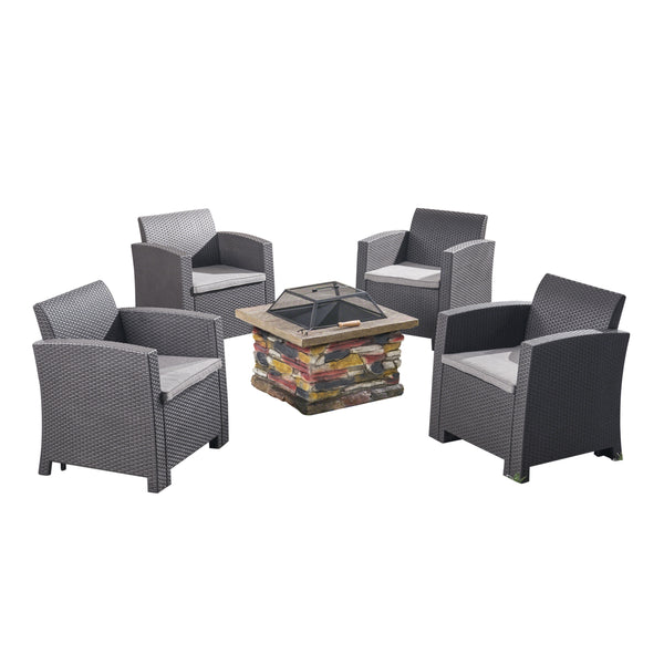 Outdoor 4-Seater Wicker Print Chat Set with Wood Burning Fire Pit - NH298503