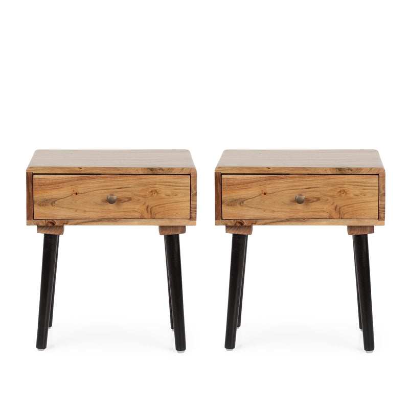 Handcrafted Mid-Century Modern Wooden Side Table with Drawer, Set of 2 - NH760413