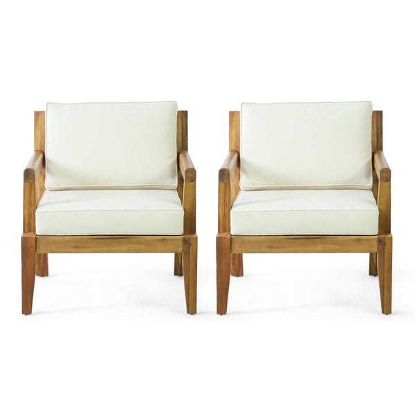 Outdoor Acacia Wood Club Chairs with Cushions, Set of 2, Teak and Beige - NH292413