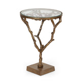 Boho Glam Handcrafted Aluminum Floral Accent Table with Glass Top, Raw Brass - NH310513