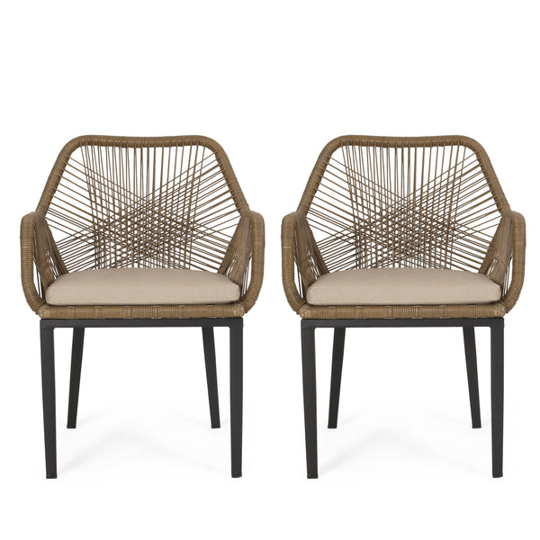 Outdoor Wicker Dining Chair with Cushion, Set of 2, Light Brown and Beige - NH971513