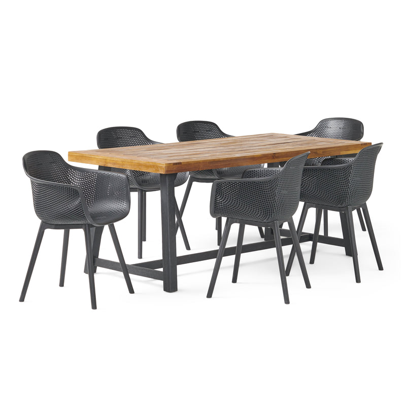 Outdoor Wood and Resin 7 Piece Dining Set, Black and Sandblasted Teak - NH930513