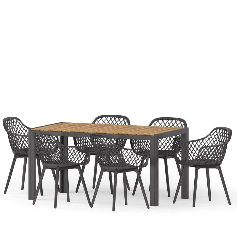 Outdoor Wood and Resin 7 Piece Dining Set, Black and Teak - NH740513
