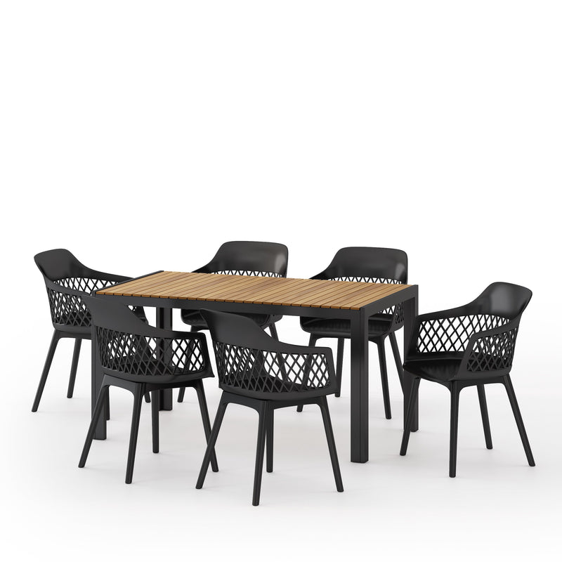 Outdoor Wood and Resin 7 Piece Dining Set, Black and Teak - NH640513