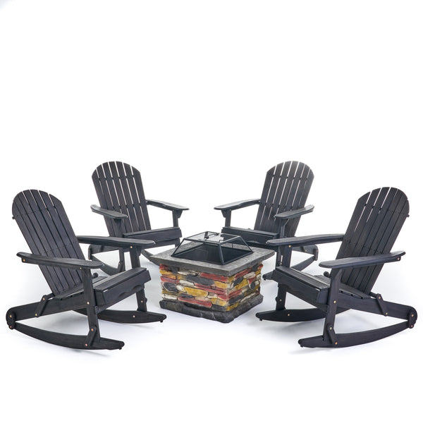 Outdoor 5 Piece Acacia Wood/ Light Weight Concrete Adirondack Chair Set with Fire Pit - NH313403