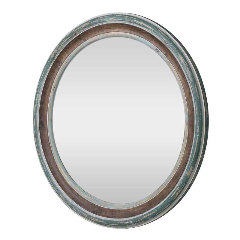 Boho Wood Round Mirror, Weathered Green and Red - NH003413