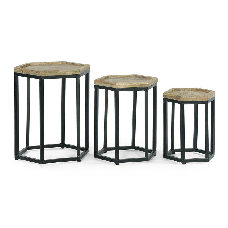 Modern Industrial Handcrafted Mango Wood Nested Side Tables (Set of 3), Natural and Black - NH869413