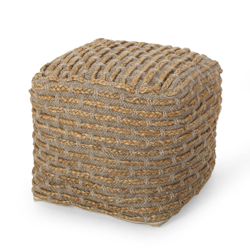 Boho Handcrafted Fabric Cube Pouf, Natural - NH914413