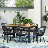 Outdoor Wood and Resin 7 Piece Dining Set, Black and Teak - NH740513